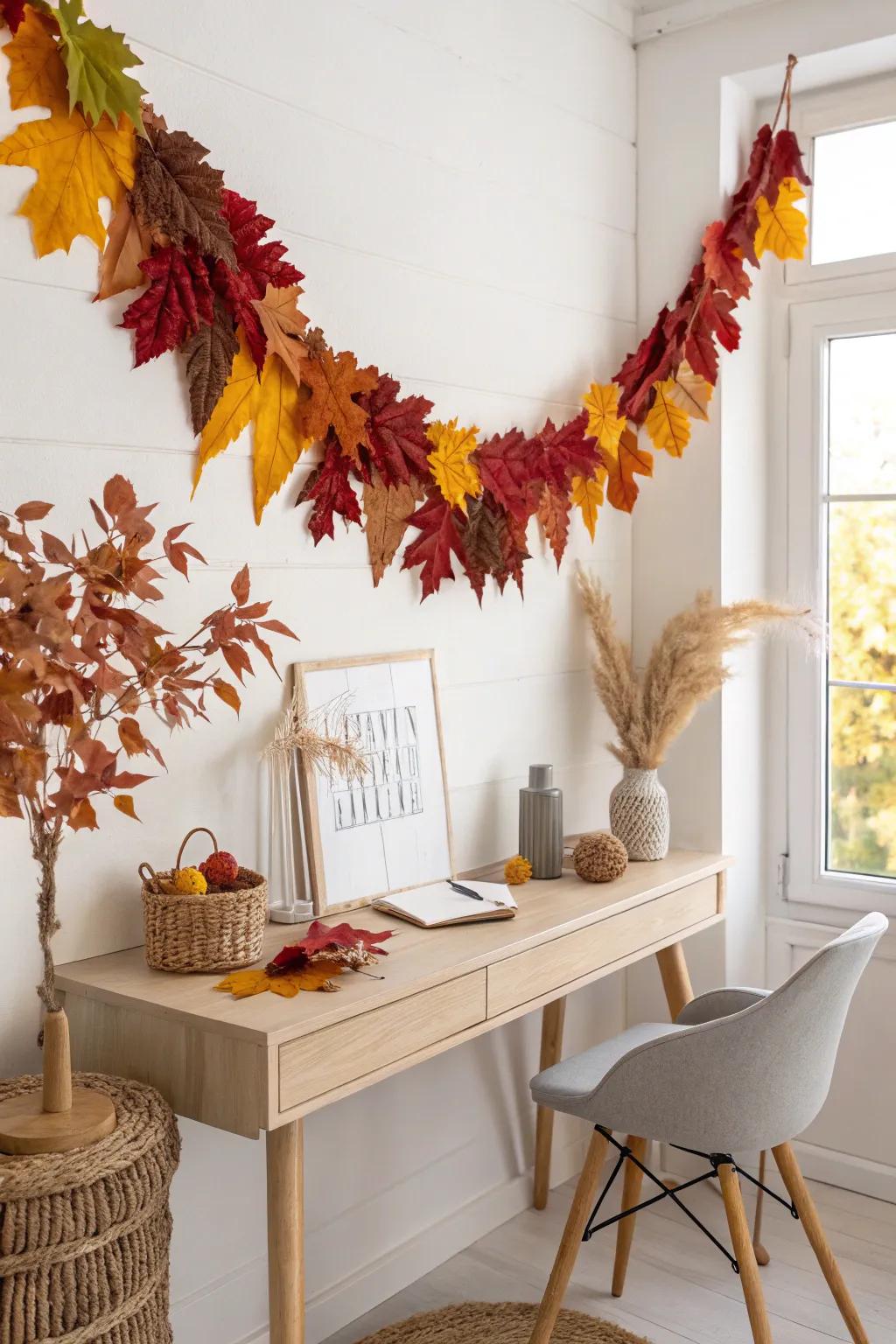 Bring the beauty of autumn indoors with a simple yet stunning leaf garland for your office space.