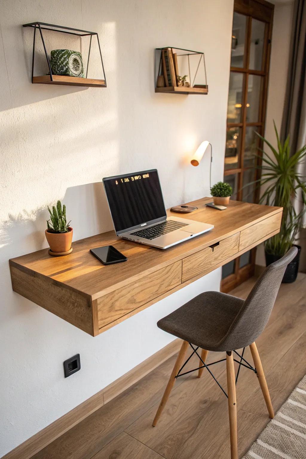 Elevate your space with a minimalist floating desk that combines style and functionality.