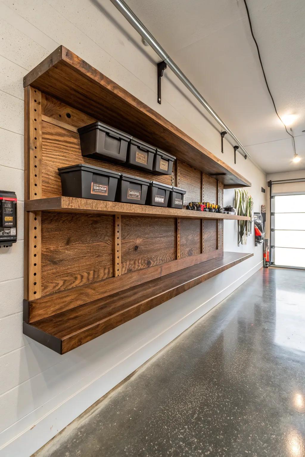 Elevate your garage organization with expertly crafted floating shelves that blend functionality with artisanal style.