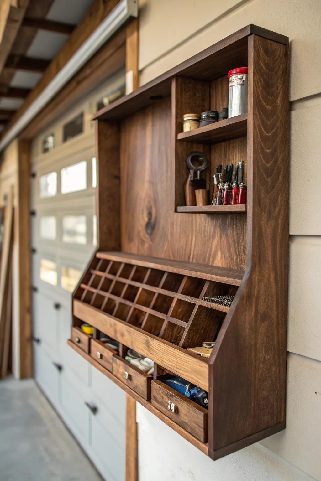 Elevate your garage organization with handcrafted wall-mounted shelves that blend functionality with craftsmanship.