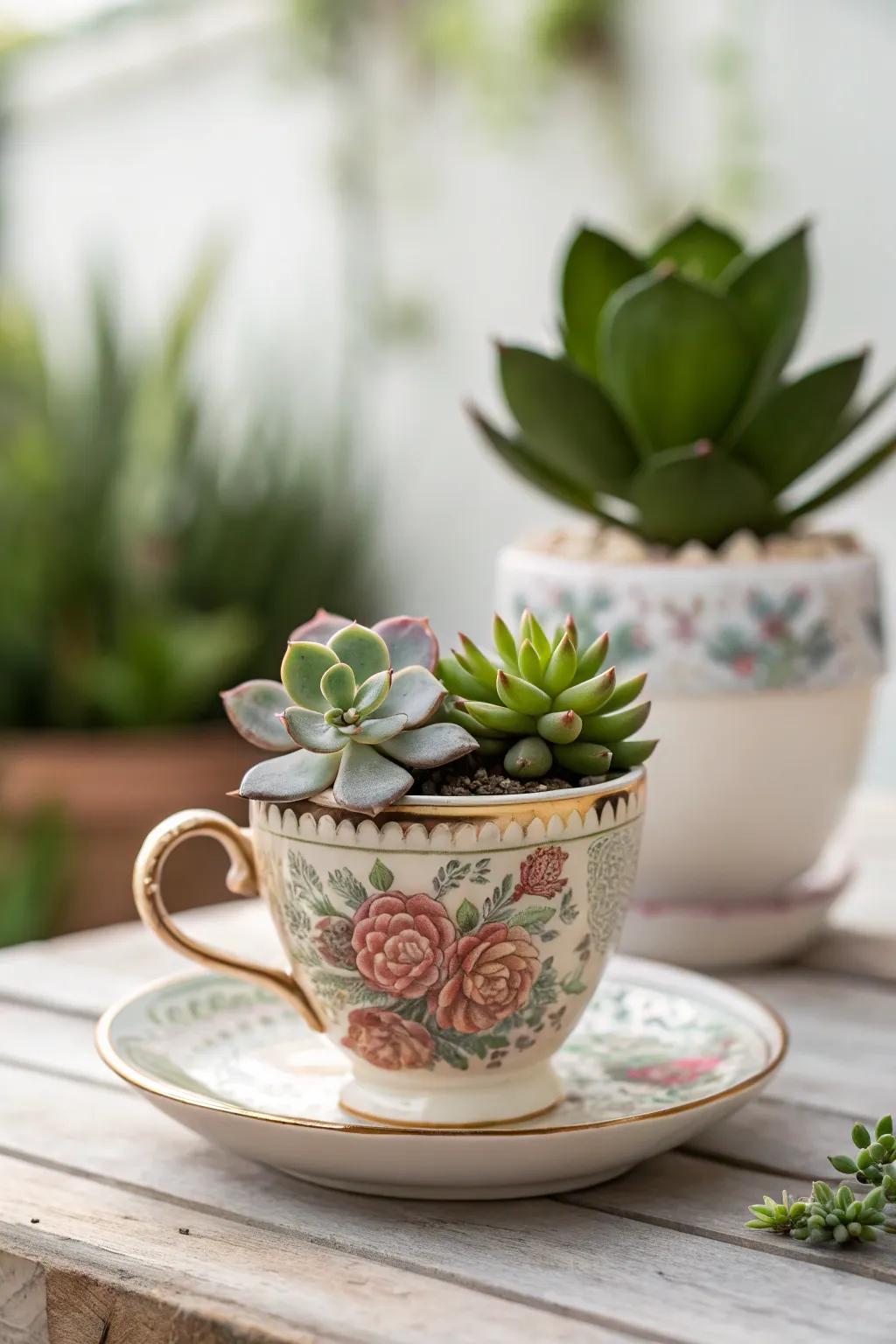 Transform vintage teacups into charming succulent planters for a touch of garden whimsy.