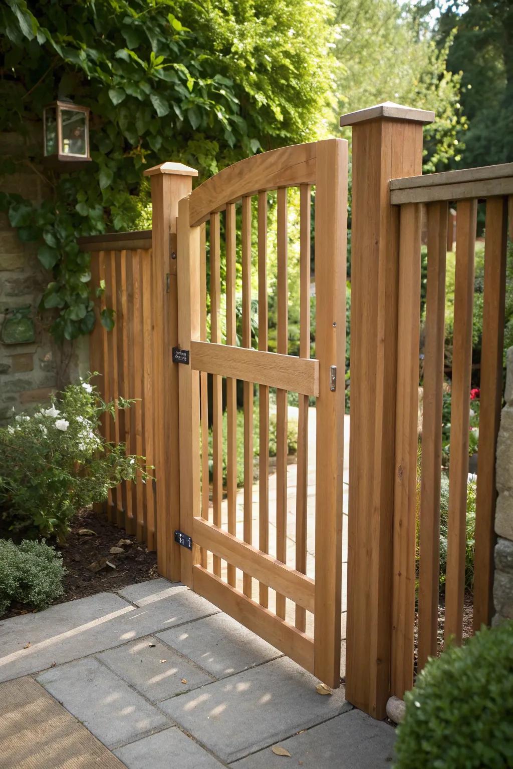 Elevate your garden with a touch of rustic charm: a handcrafted wooden slat gate.