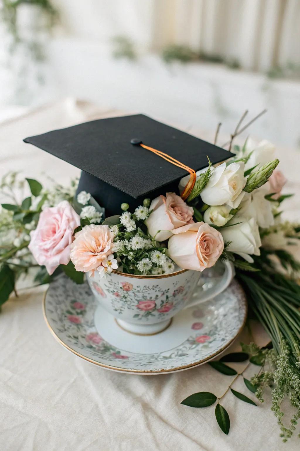 Celebrate achievements with a floral touch: A unique DIY graduation cap centerpiece.