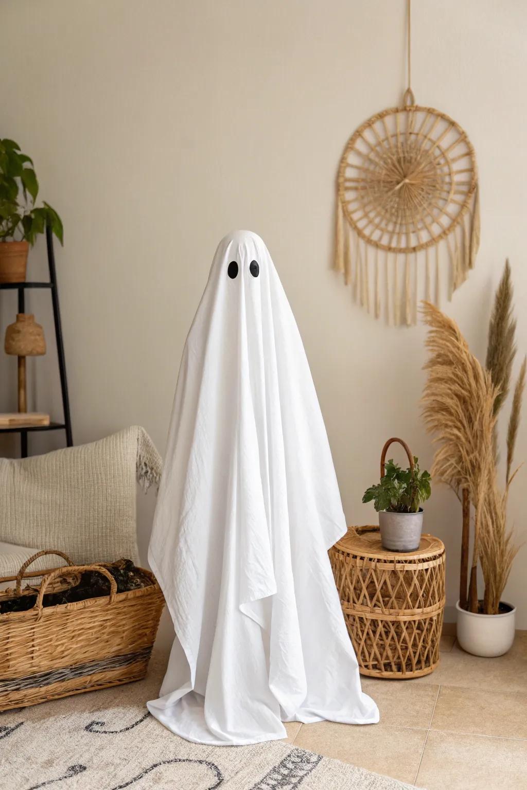 Embrace the timeless elegance of a classic ghost costume this Halloween with minimalist charm.
