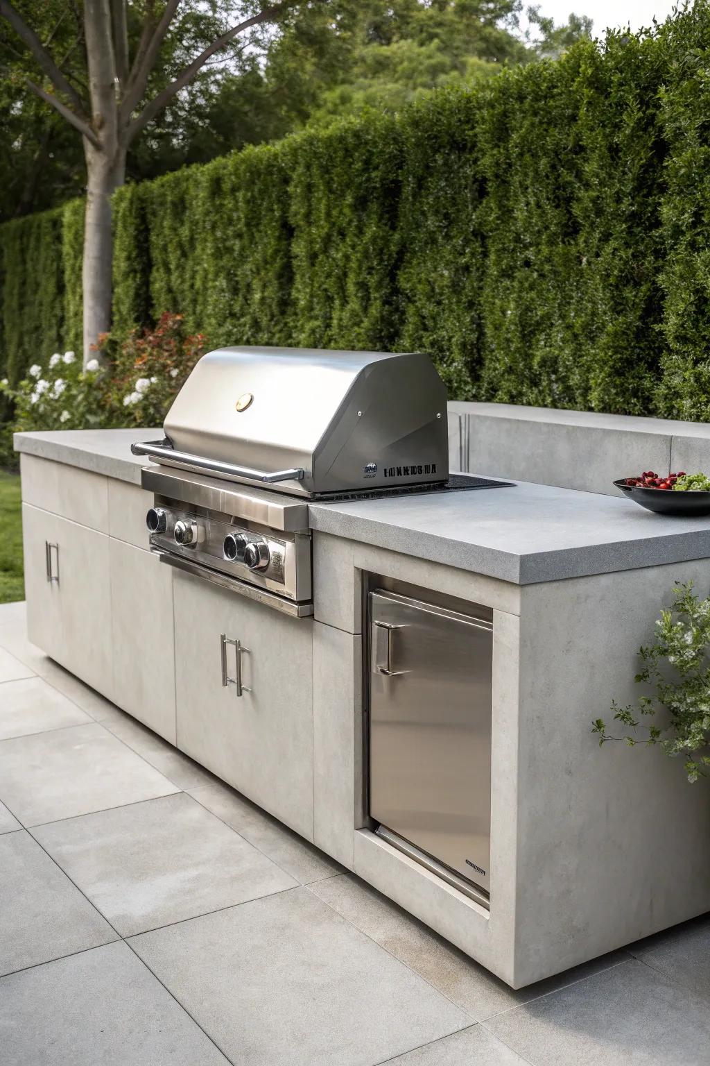 Elevate your outdoor cooking with a seamless grill-integrated concrete countertop.