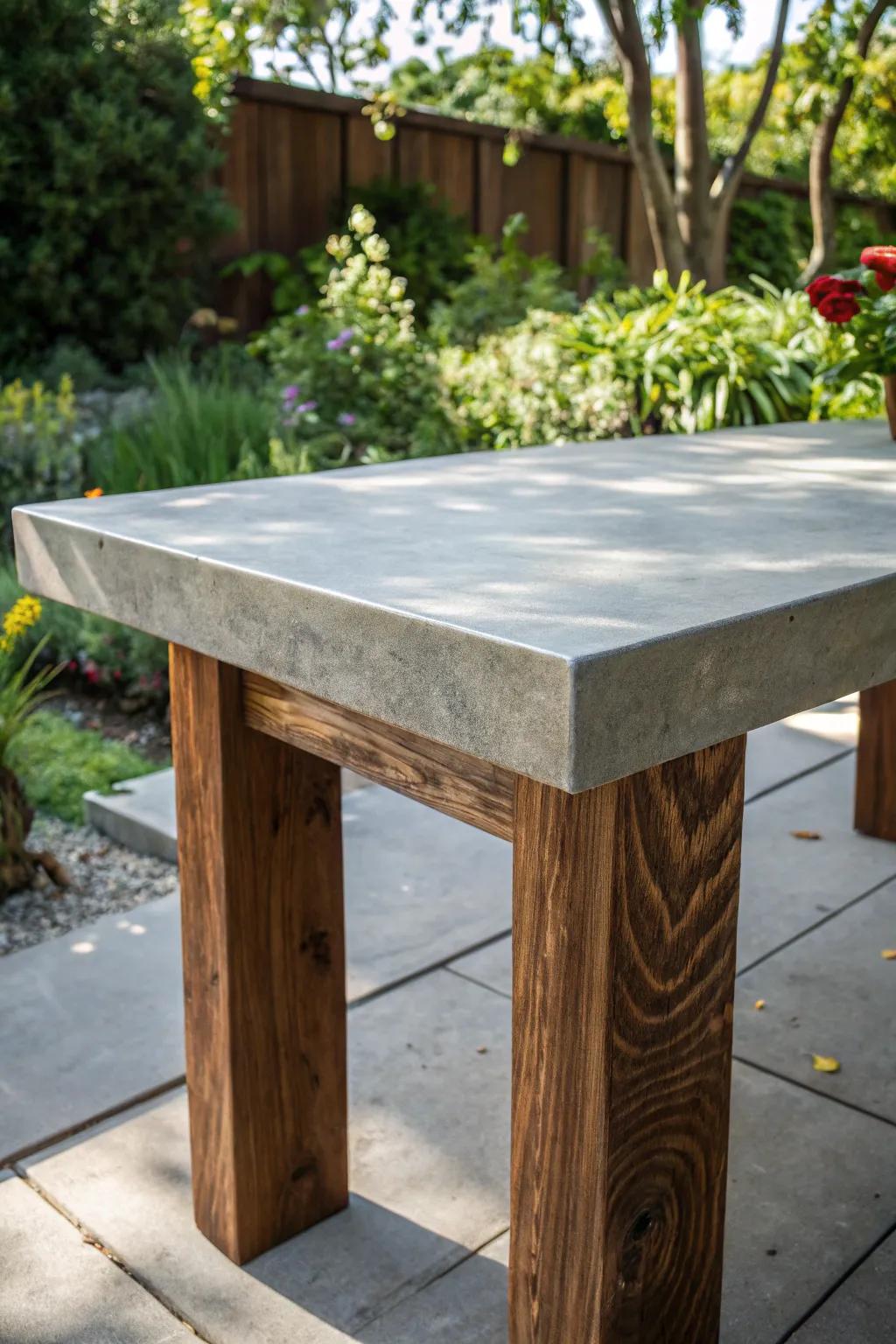 Elevate your outdoor space with a chic blend of concrete and wood craftsmanship.