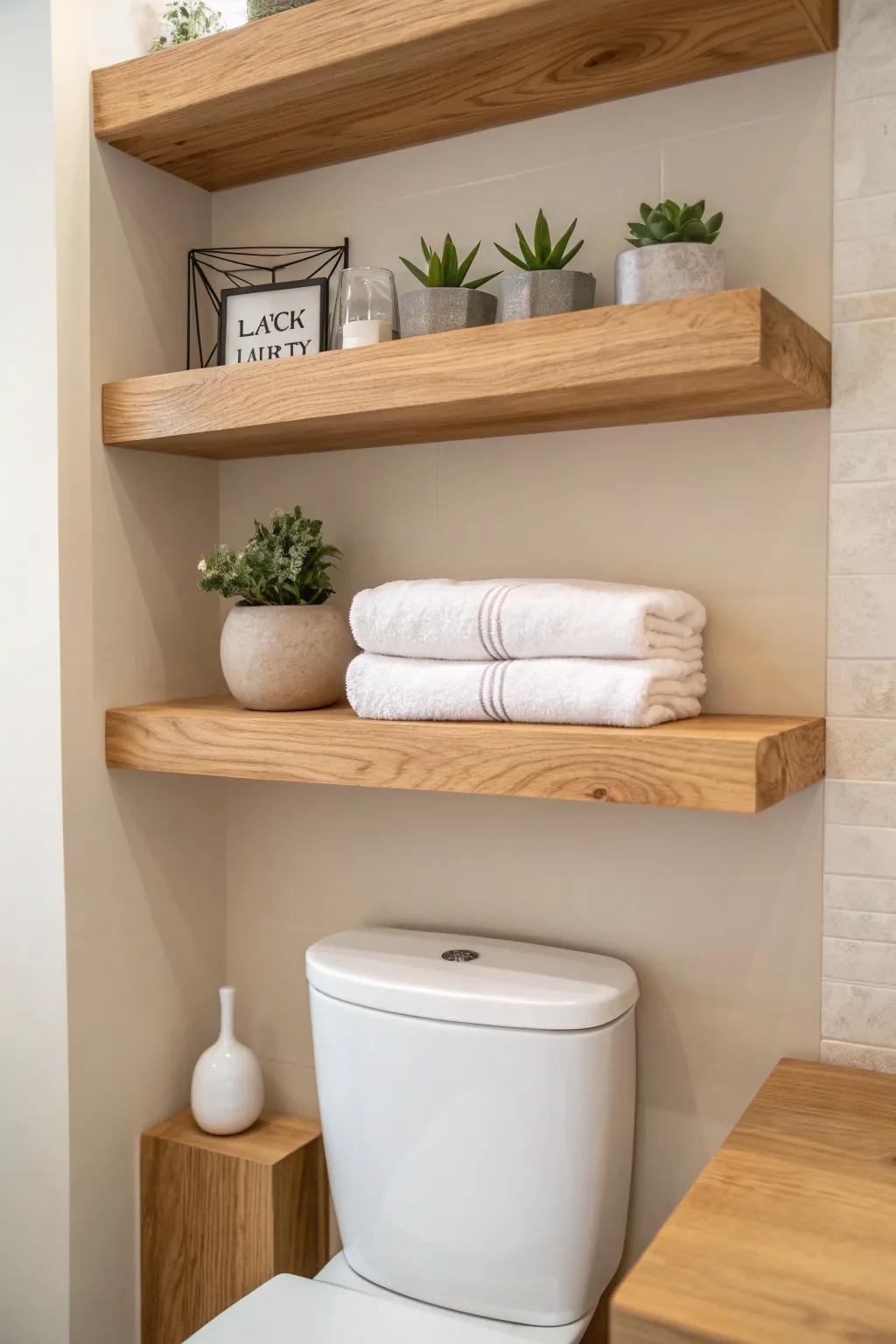 Elevate your bathroom decor with these elegant floating wooden shelves—where simplicity meets natural beauty. 🌿✨ #MinimalistDesign #ScandinavianStyle
