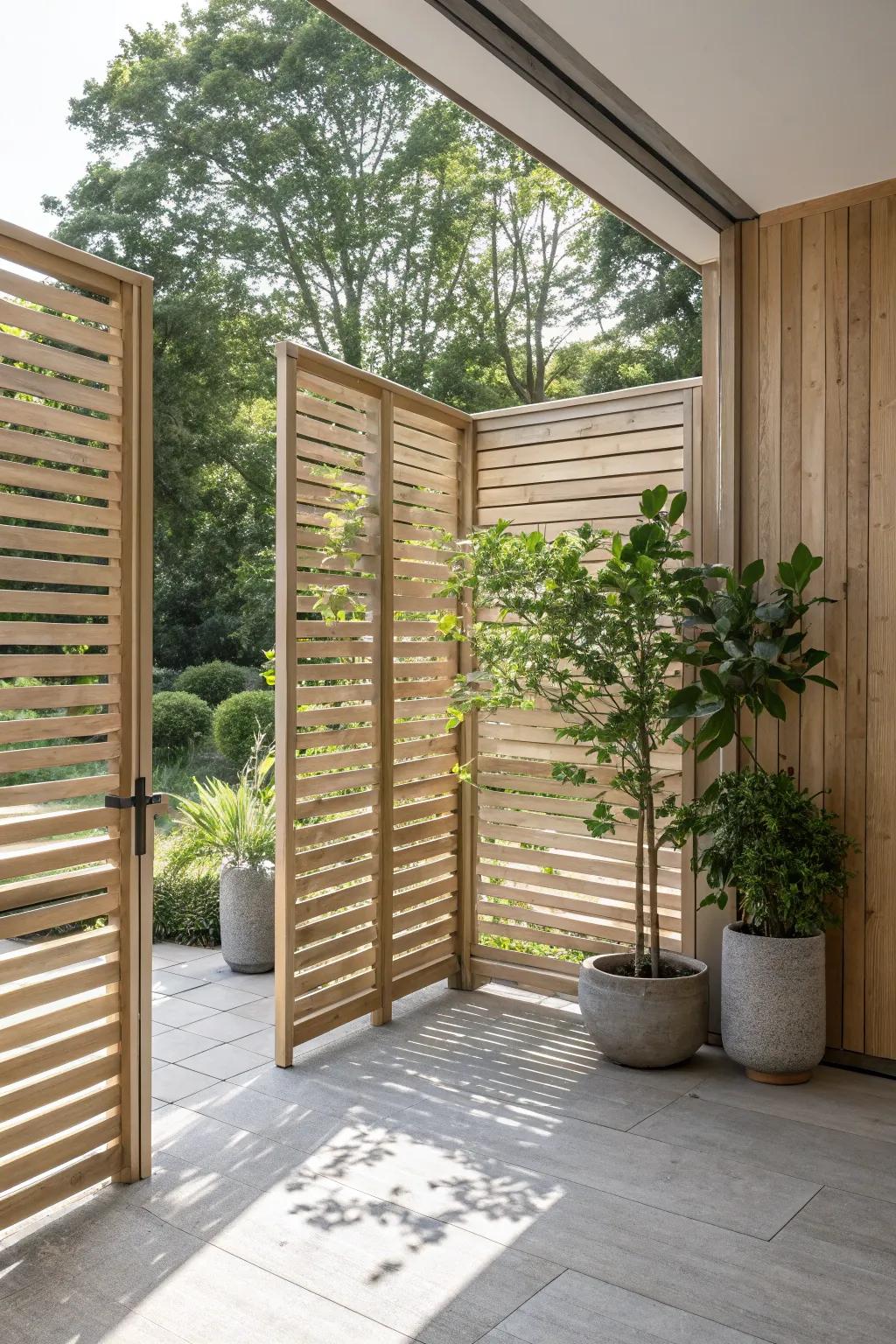 Add a touch of elegance and privacy to your outdoor space with a handcrafted wooden slat screen. 🌿✨ #MinimalistDesign #BohoChic
