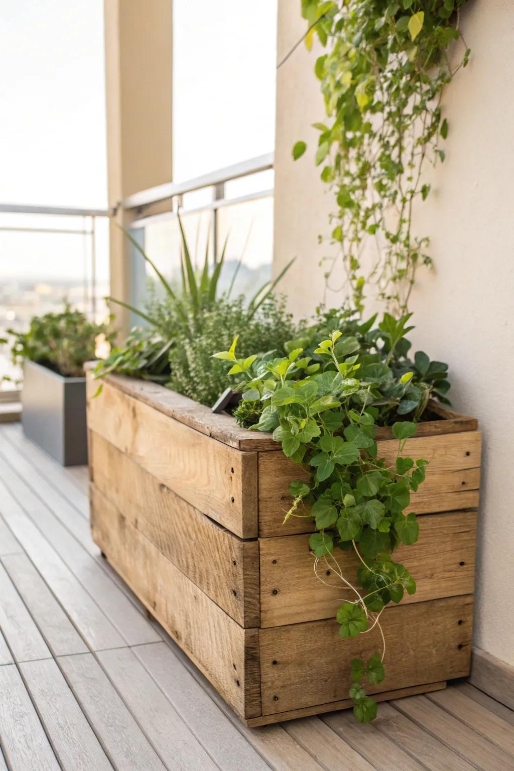 Embrace eco-friendly elegance with rustic wooden planter boxes that bring nature to your doorstep.