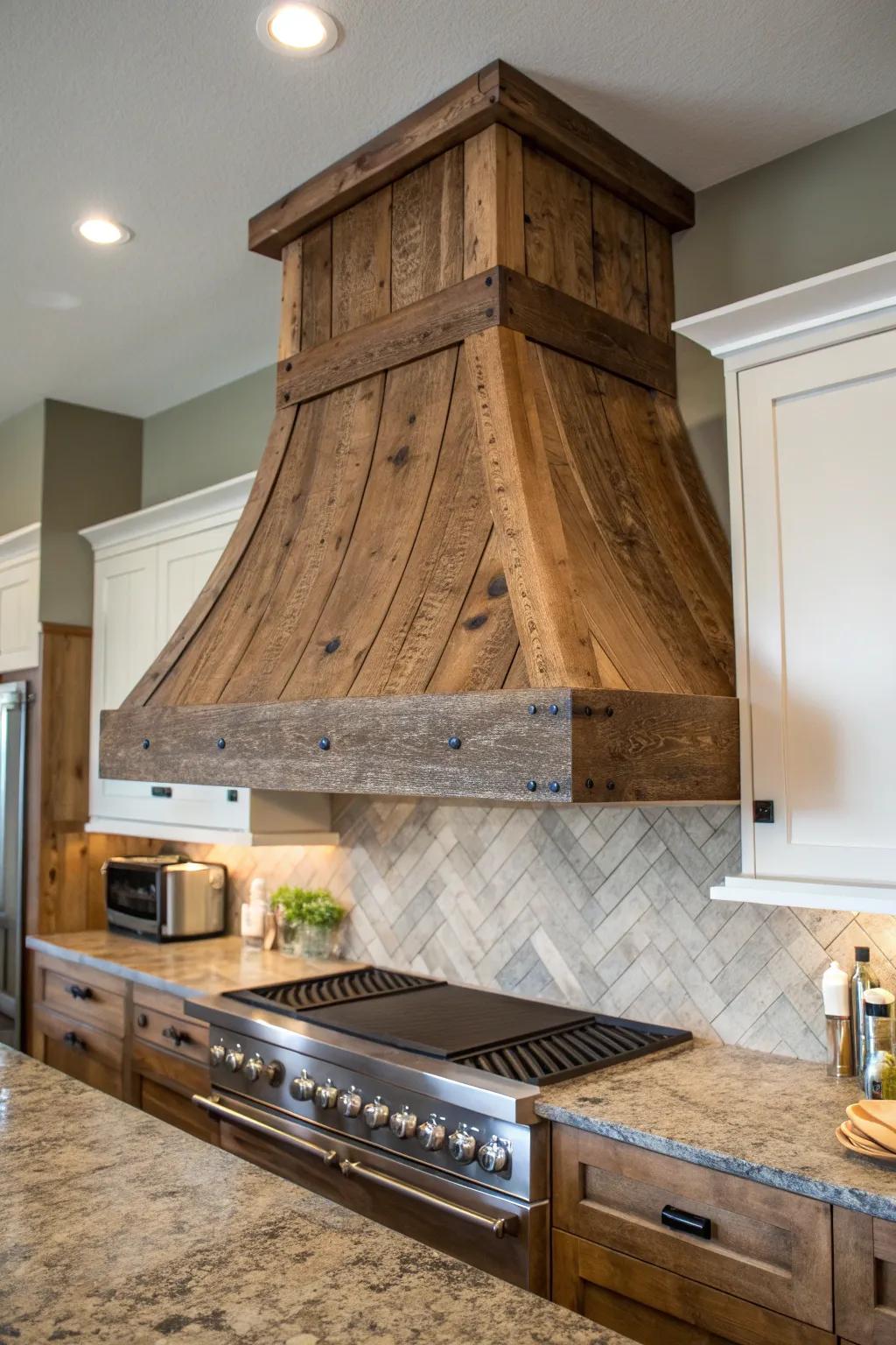 Elevate your kitchen with the timeless charm of a rustic wood range hood, where craftsmanship meets elegance.