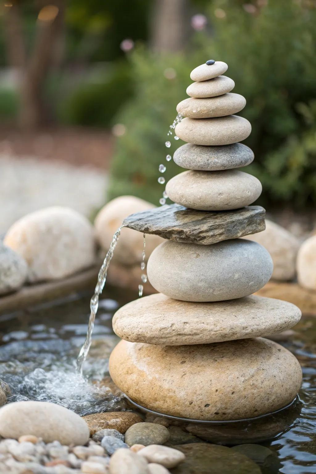 Embrace serenity with this elegantly stacked rock fountain, a perfect blend of minimalist beauty and soothing sounds.