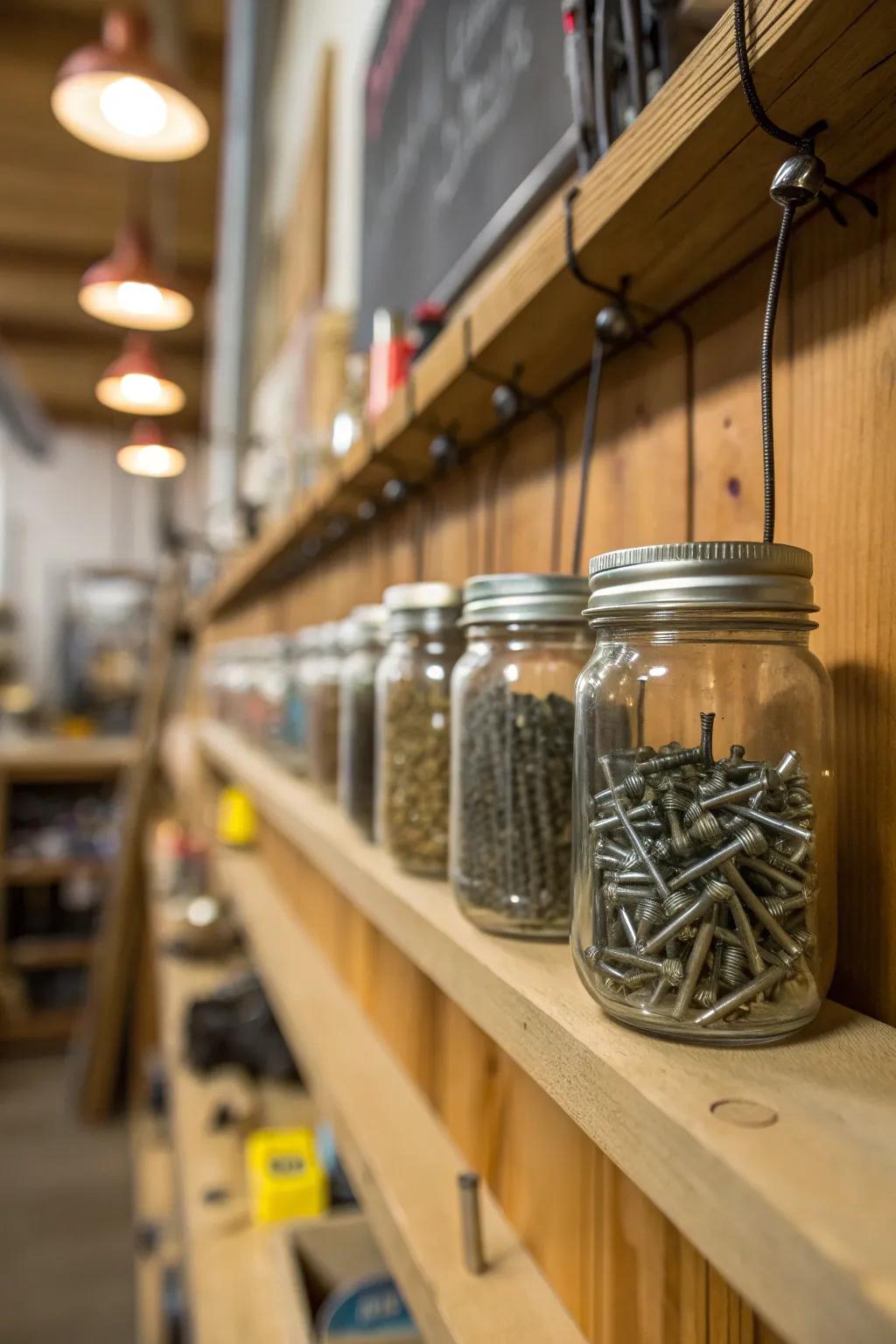 Transform your workspace with this clever mason jar storage hack—where charm meets functionality.