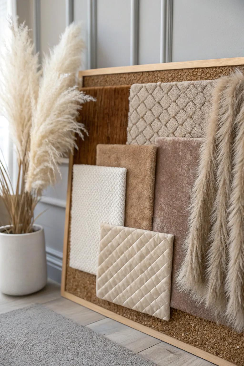 Create a tactile wonderland with a textured fabric collage that blends minimalist elegance with bohemian charm. 🌿✨