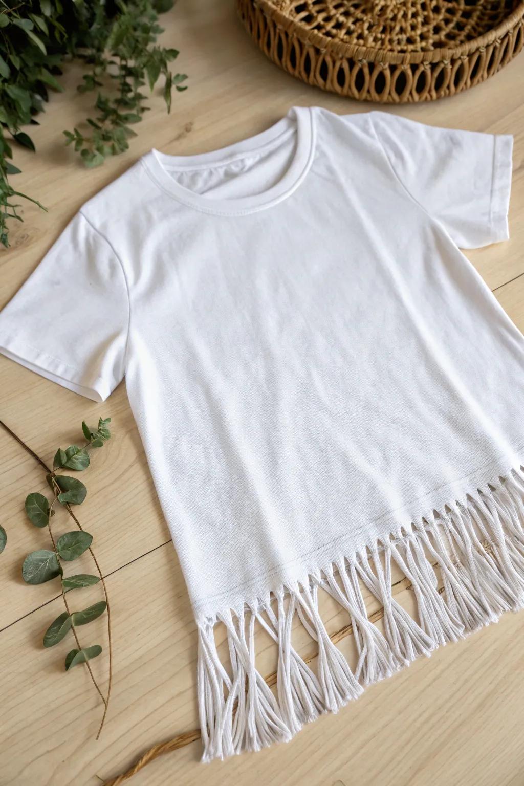 Transform your old t-shirt into a boho-chic masterpiece with simple fringe details—perfect for a minimalist summer look!