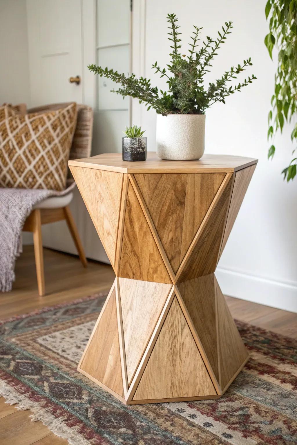 Embrace the charm of simplicity with this geometric side table, where modern design meets natural elegance.