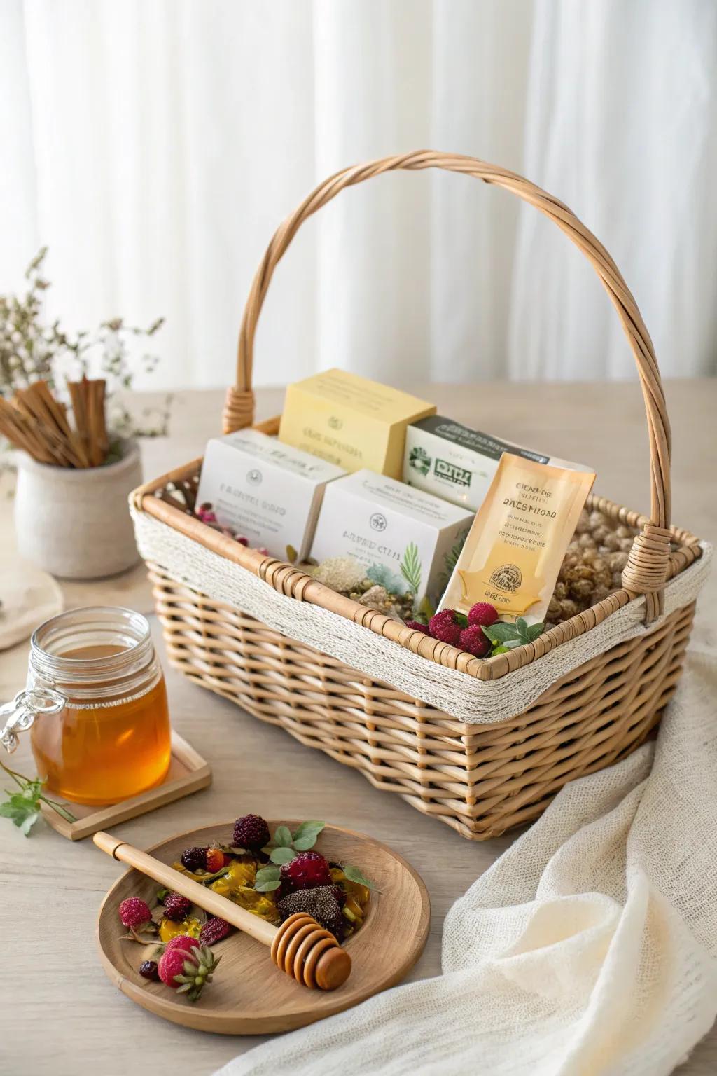 A heartfelt basket of comfort: Organic teas, honey, and dried fruits to soothe the soul.
