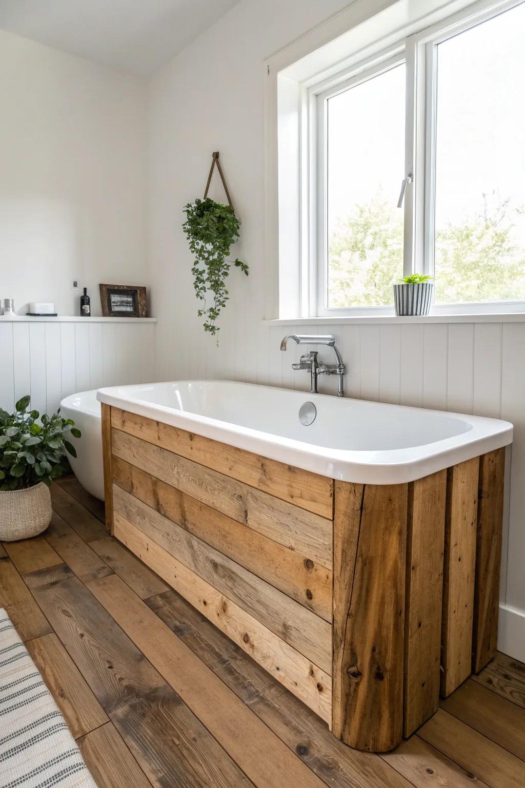 Transform your bathroom into a cozy retreat with a rustic barnwood tub surround. Embrace the warmth and simplicity of nature.