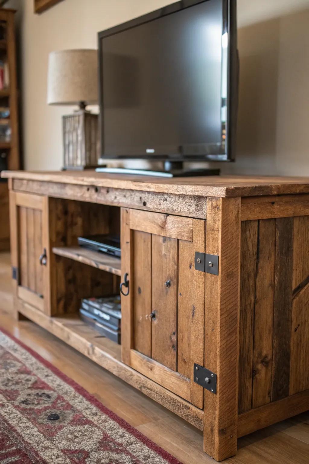 Embrace the warmth of rustic charm with a handcrafted wooden TV stand that transforms your space into a cozy retreat.