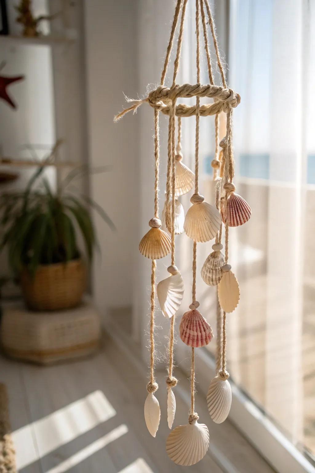 Bring the serene melody of the ocean to your home with this elegant seashell wind chime.