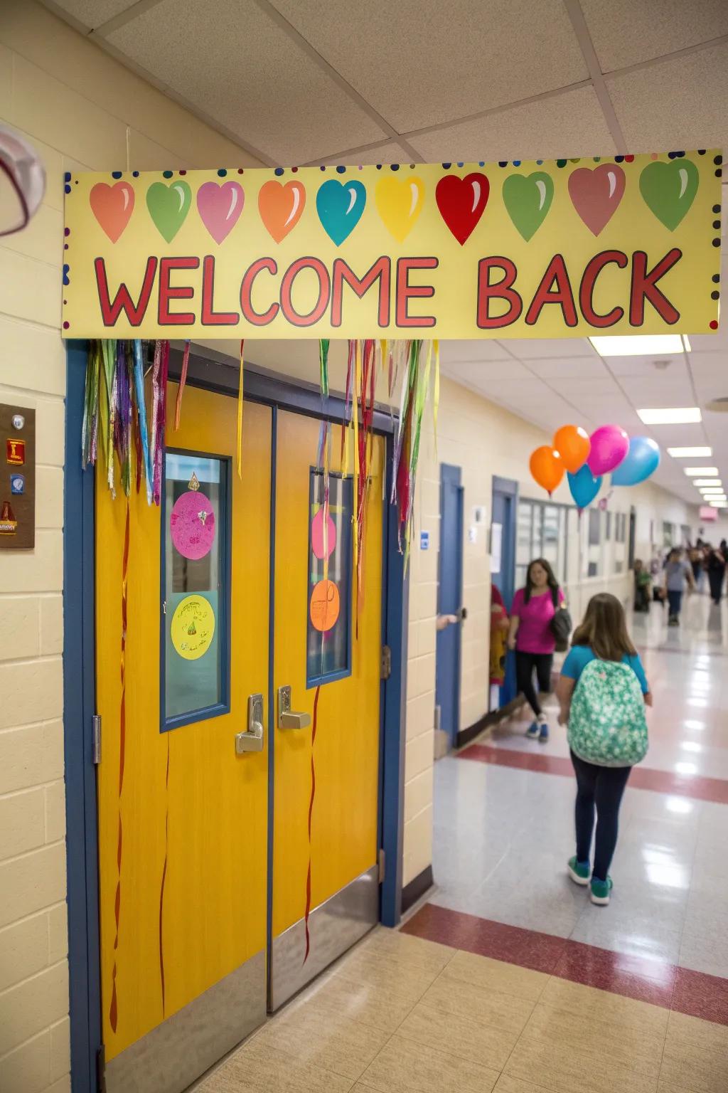 A classroom door with a bright welcome message, inviting students into a cheerful learning space.
