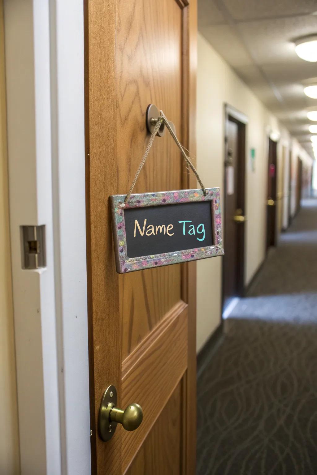 A chalkboard name tag adds a personalized touch that can change with your mood.