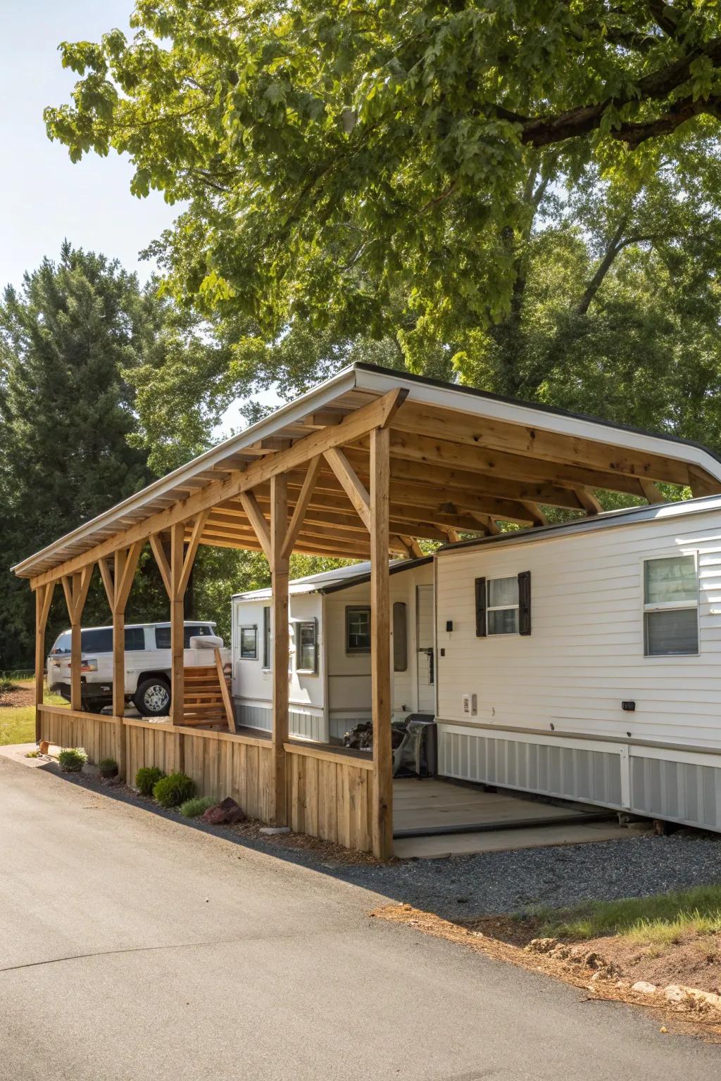 A lean-to carport seamlessly integrated into a mobile home's design.
