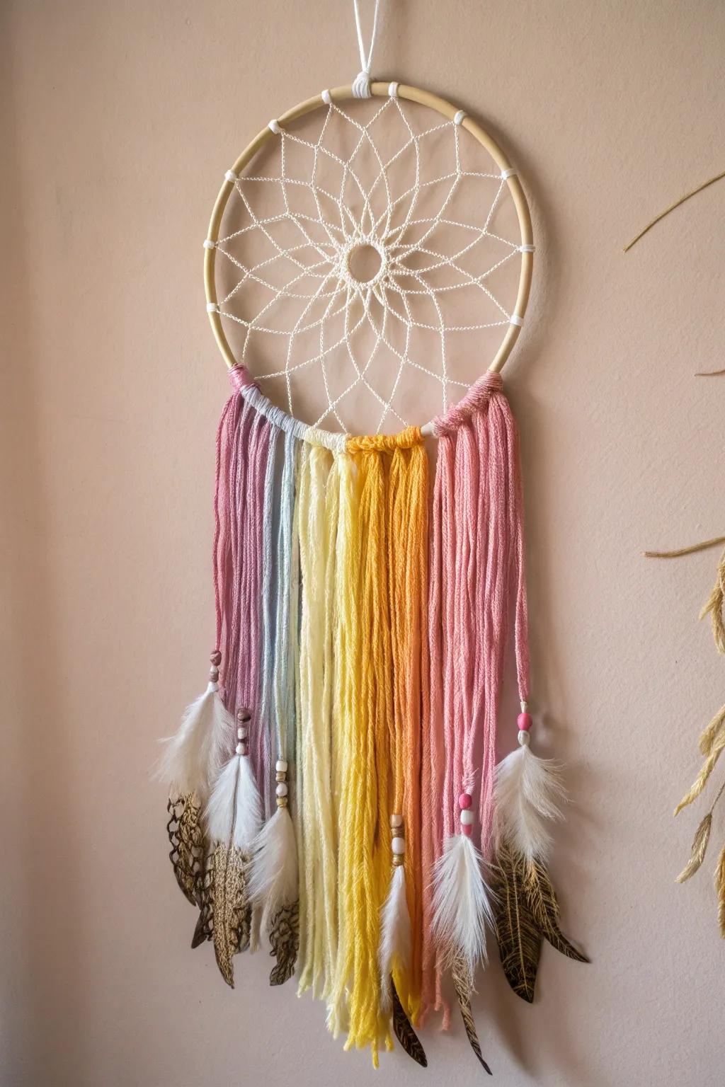 Add a pop of color to your space with this stunning rainbow dream catcher, perfect for a minimalist yet vibrant touch.
