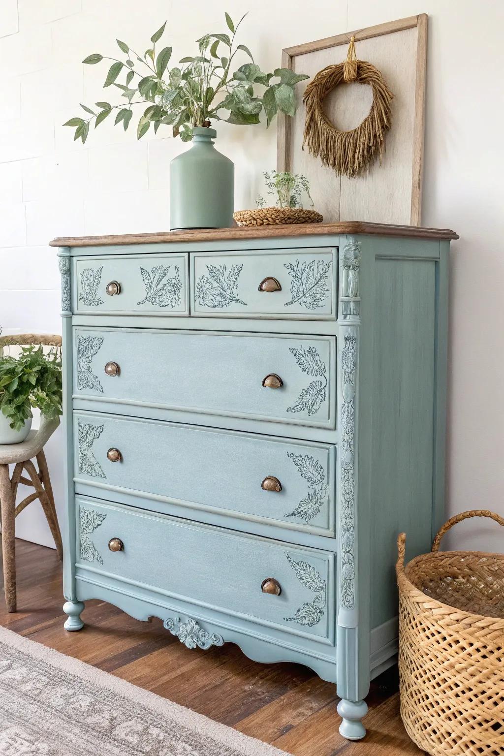 Transform your space with the timeless elegance of a chalk-painted vintage dresser.