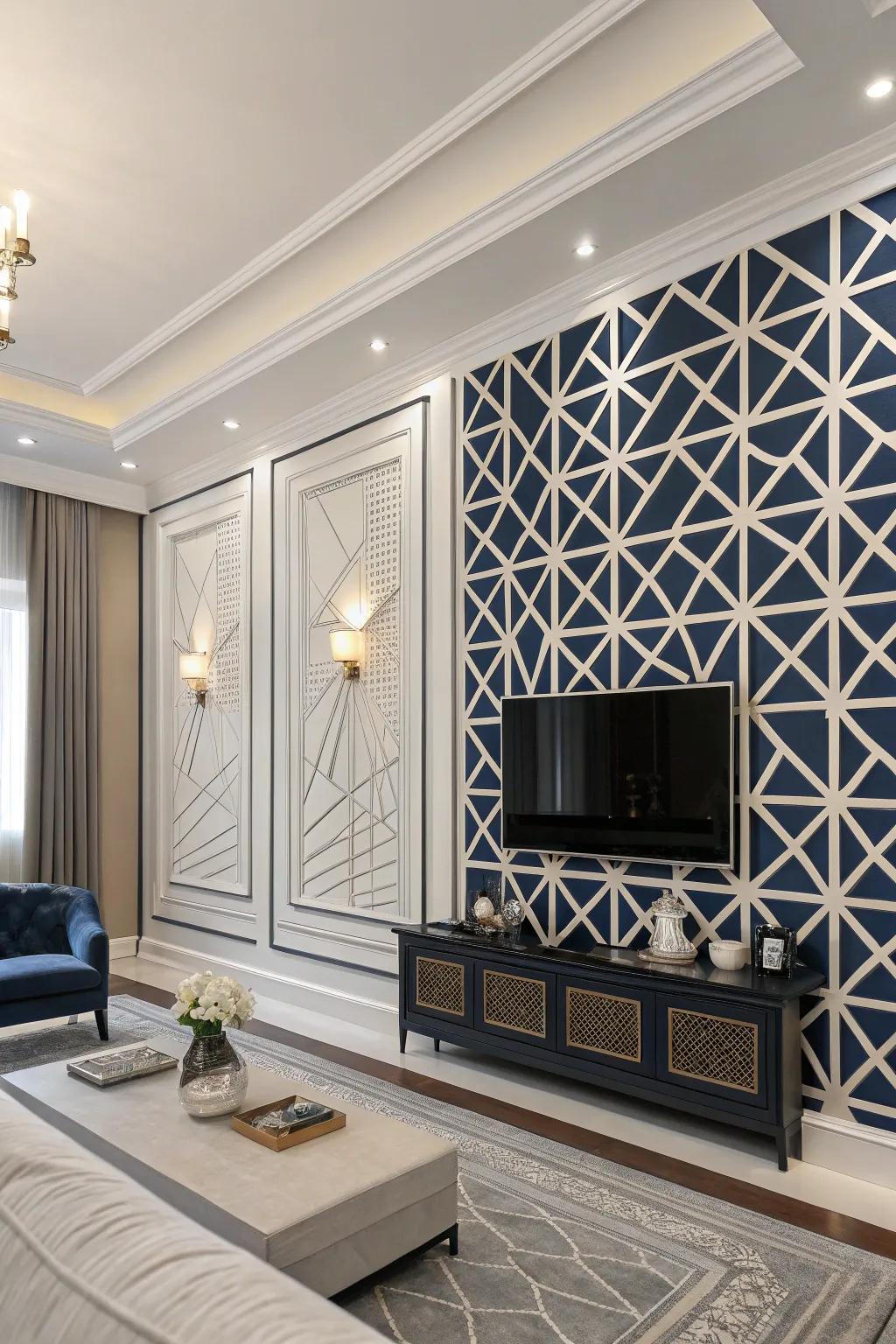 Elevate your living space with a bold geometric drywall accent wall—a true testament to modern craftsmanship.
