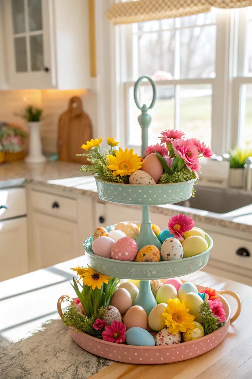 A tiered tray showcasing a pastel color palette for Easter.