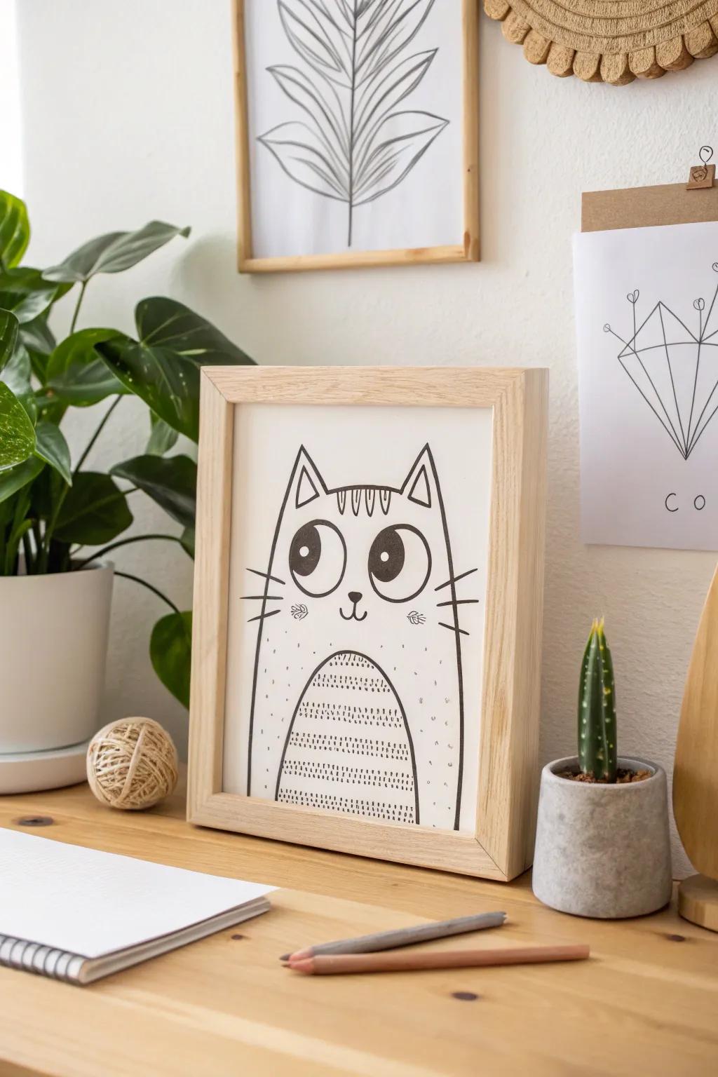 Embrace the charm of simplicity with this adorable cartoonish cat drawing, perfect for adding a touch of whimsy to your minimalist space.