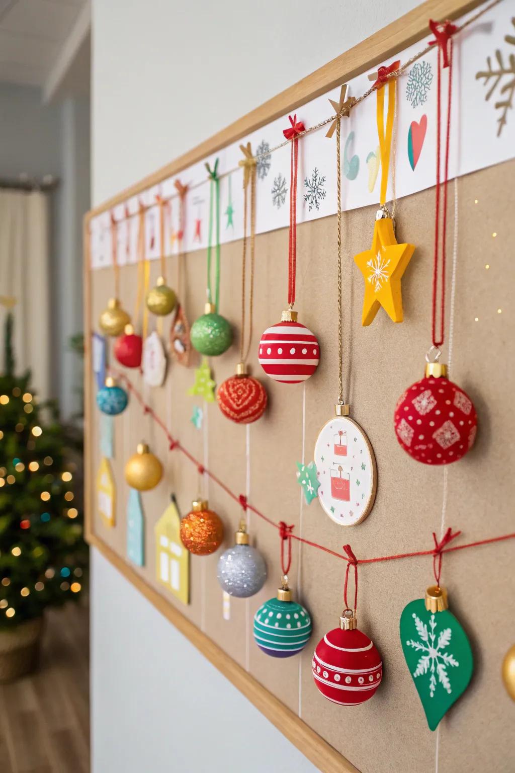 Ornaments strung across a bulletin board add instant holiday cheer.
