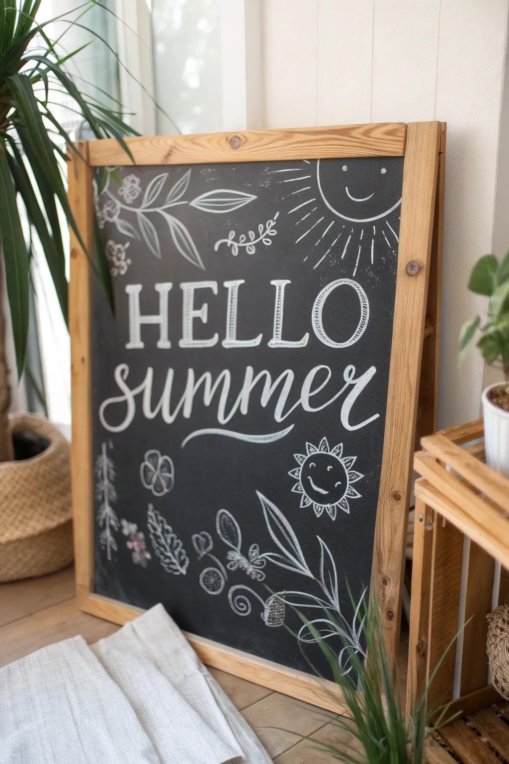 Welcome the sunny season with this charming 'Hello Summer' chalkboard design, perfect for adding a touch of warmth and natural beauty to your space.