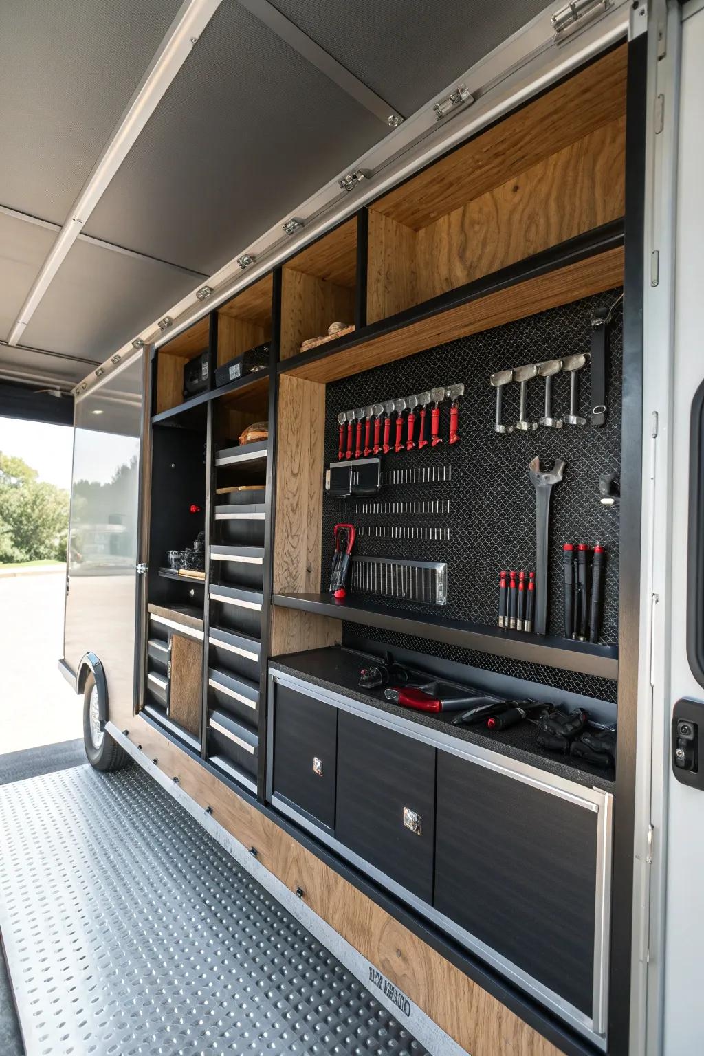 Transform your trailer with modular shelving magic—where precision meets practicality.