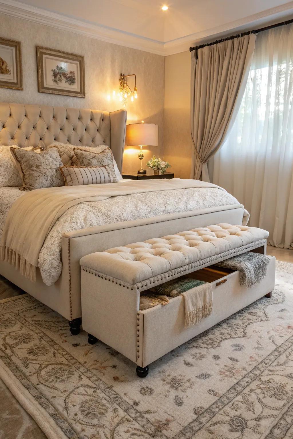 An upholstered storage bench adds comfort and functionality.