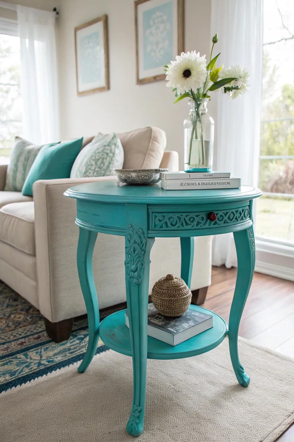 Transform your space with a bold turquoise end table, the perfect pop of color for a minimalist haven.