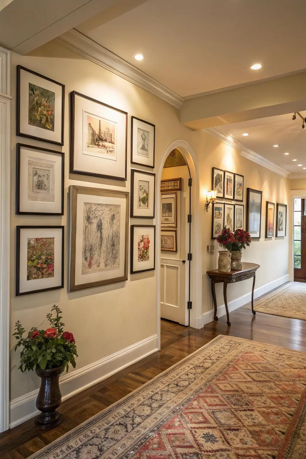 A gallery wall transforms an entryway into a personal art exhibit.