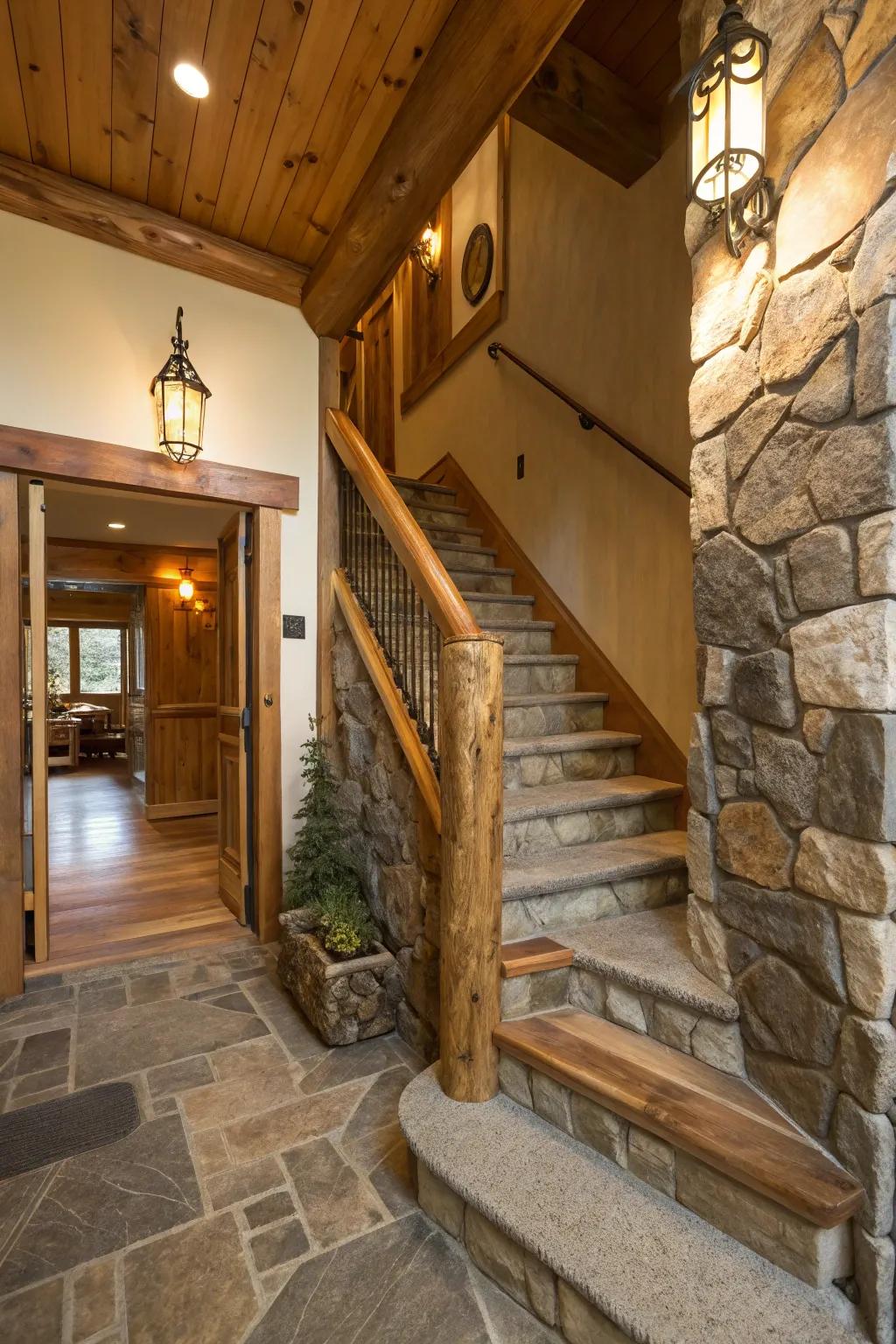 Natural materials like wood and stone create a warm entryway ambiance.