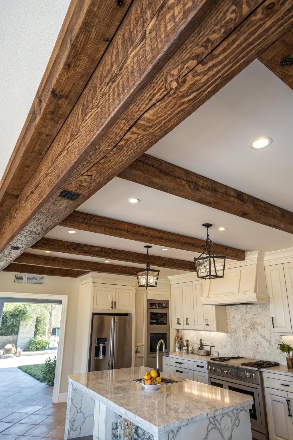 Elevate your kitchen's charm with the perfect blend of rustic faux beams and modern elegance.