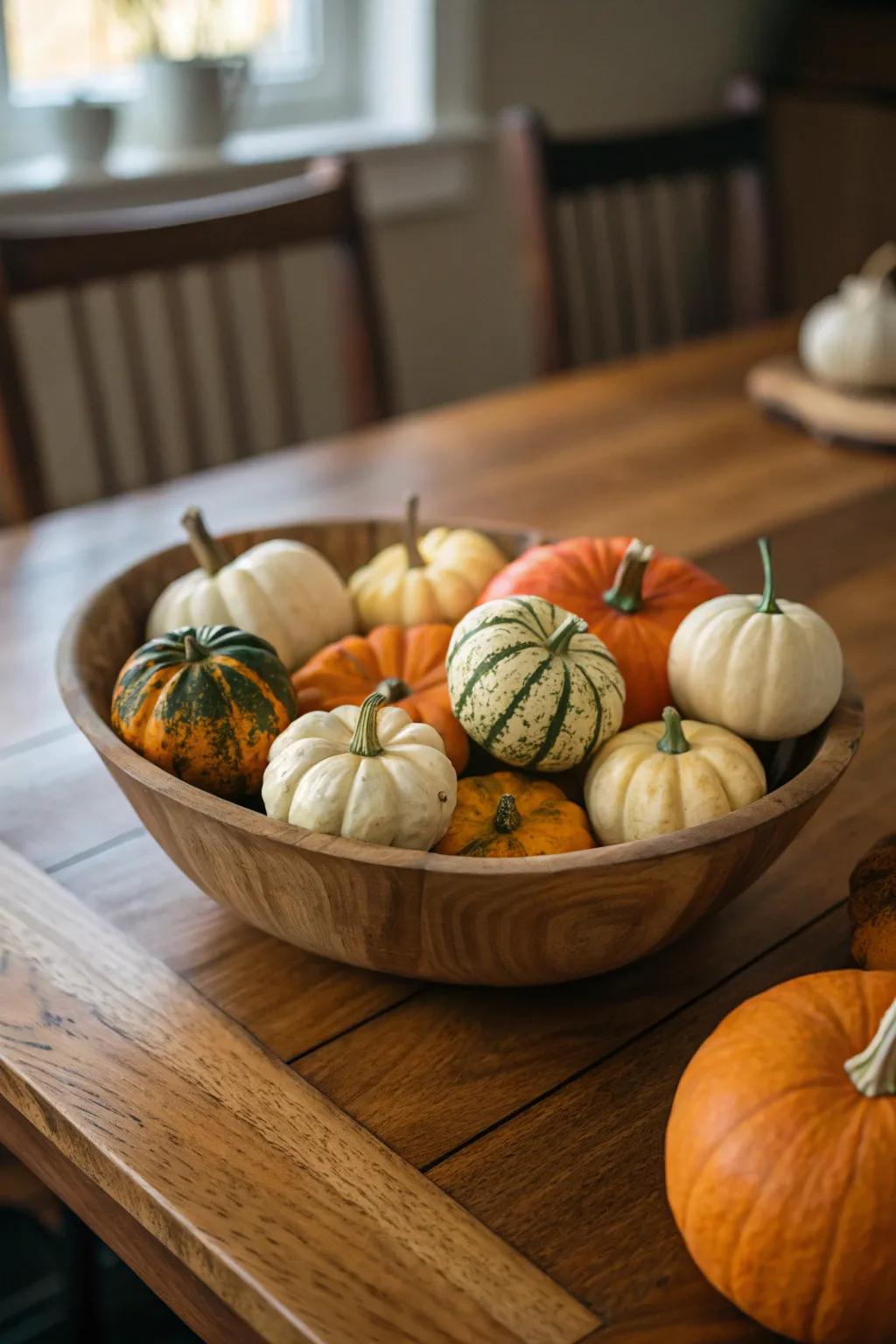 Mini pumpkins create a charming and colorful fall display