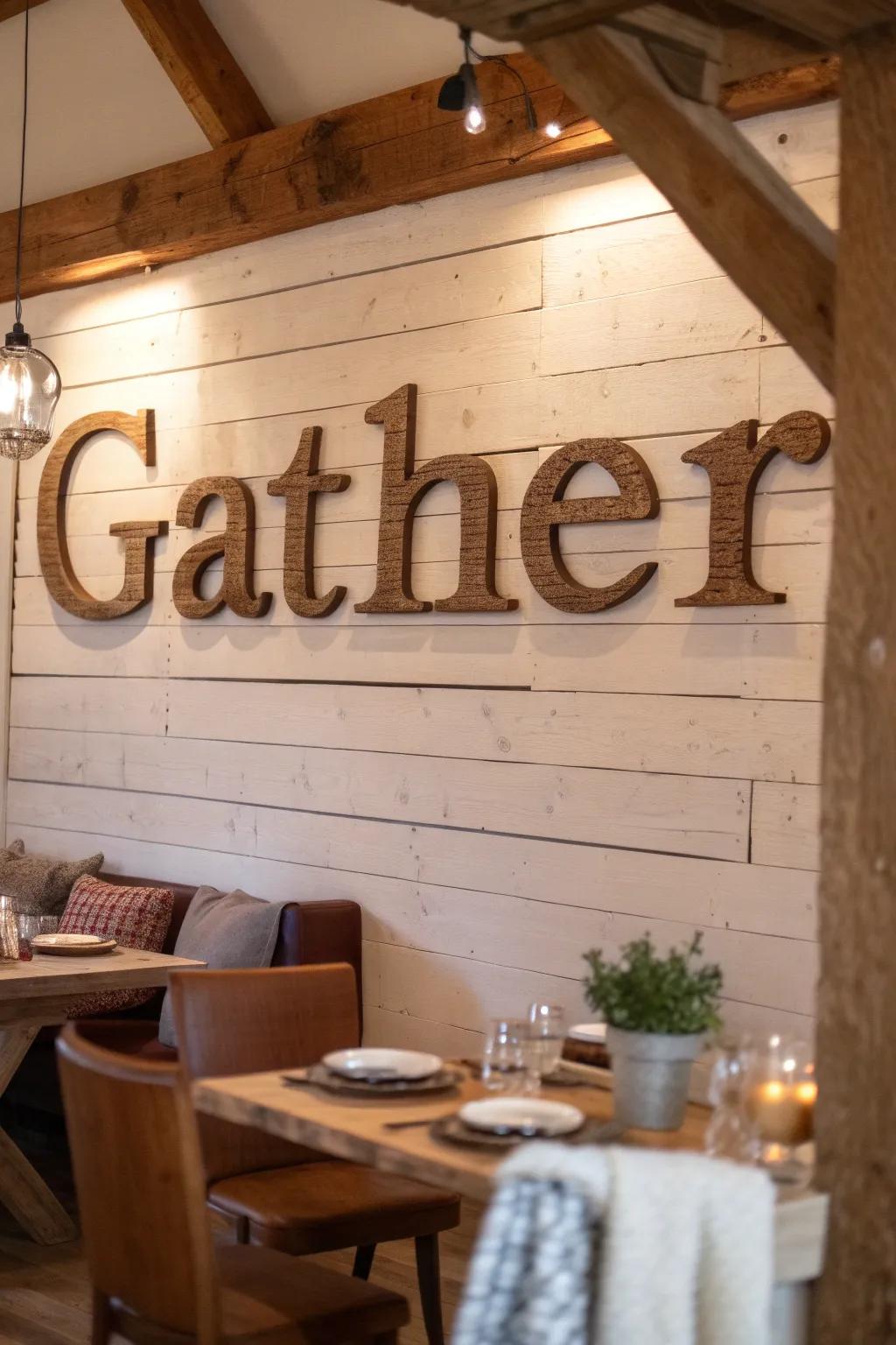 A cozy dining room wall adorned with word art that reads 'Gather', perfect for farmhouse charm.