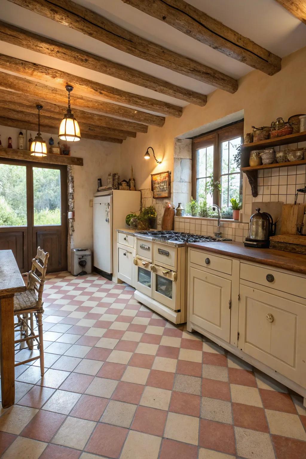 Checkerboard tiles in soft neutrals add a classic touch to this farmhouse kitchen.