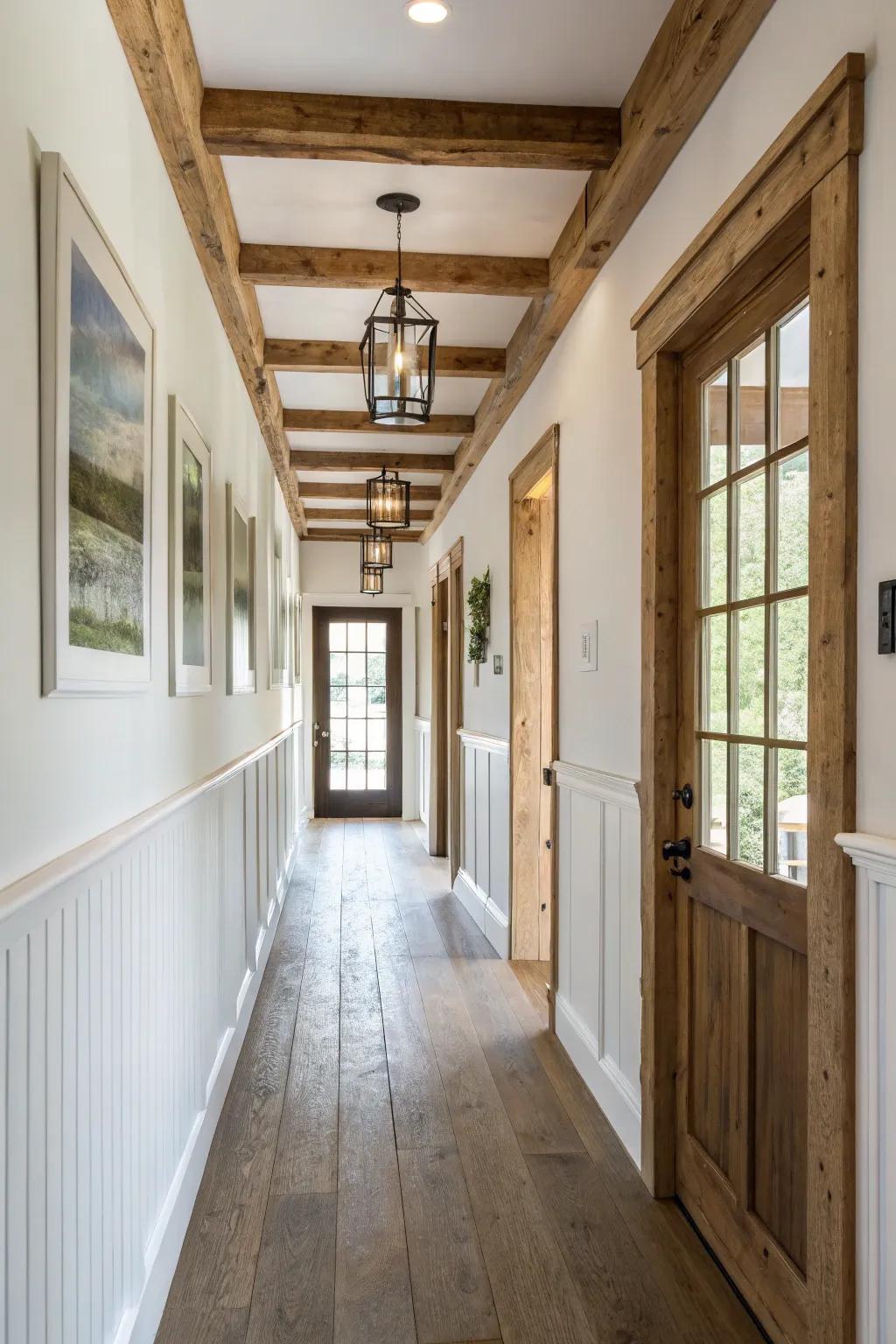 Rustic board and batten wainscoting in a welcoming hallway.