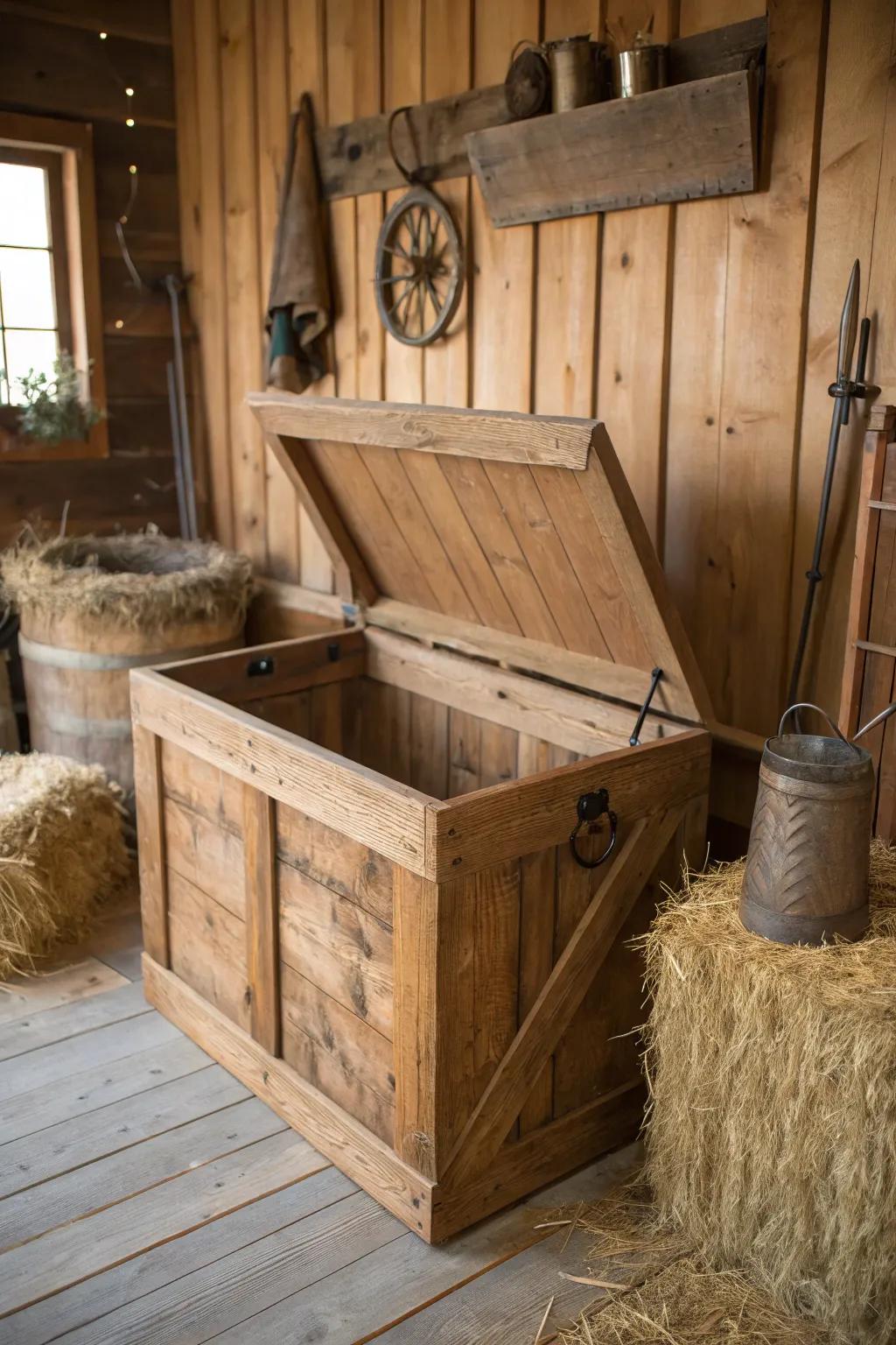 Handcrafted wooden storage bin in a barn.