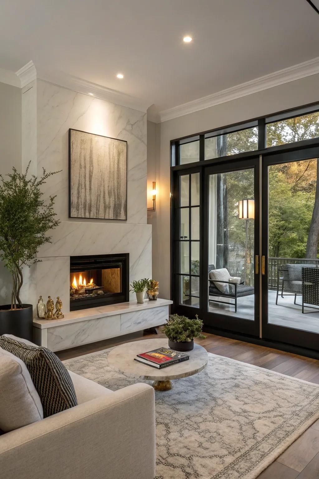 Modern elegance with sleek glass panels that enhance fire visibility.