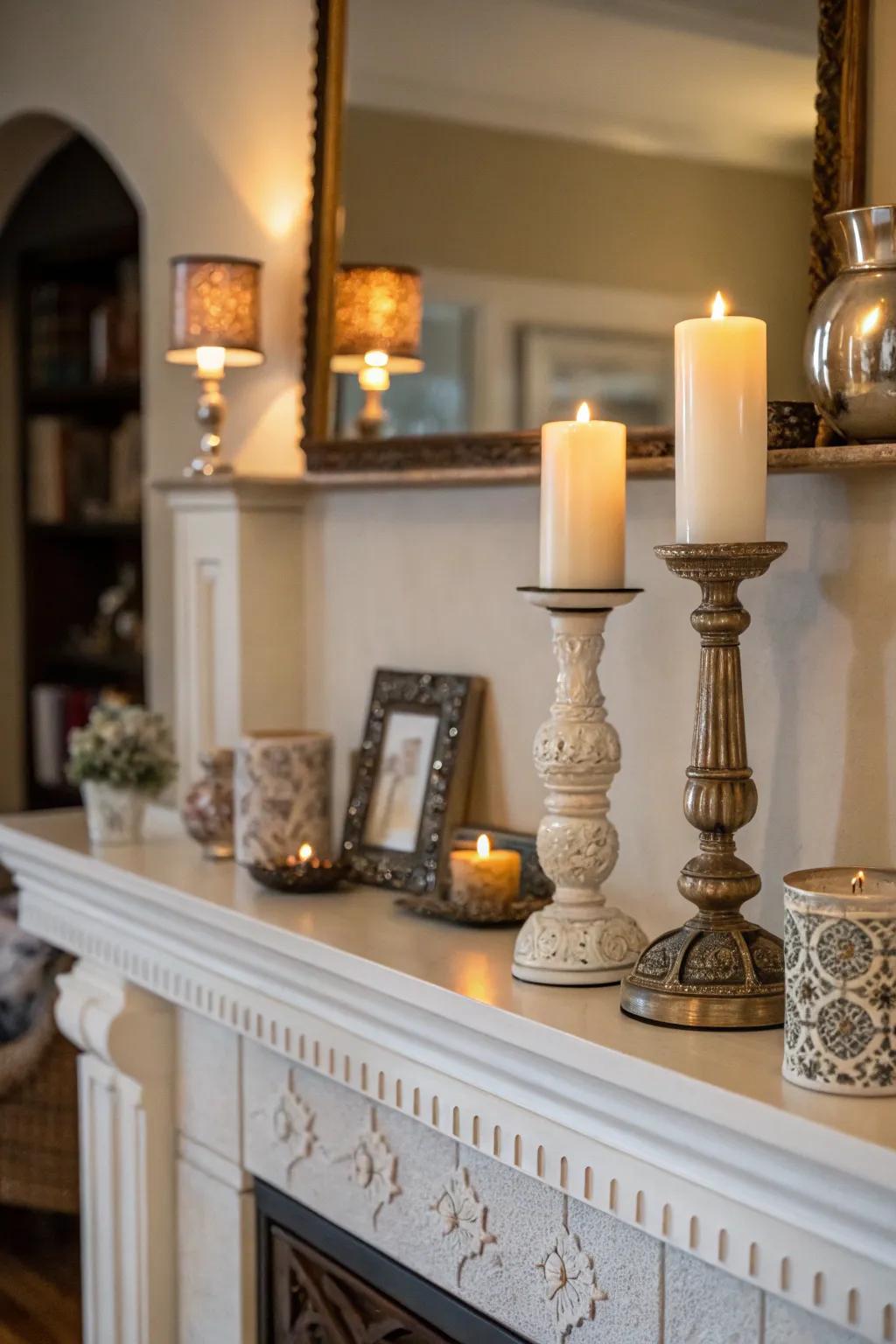 Symmetry brings balance to this fireplace shelf decor.
