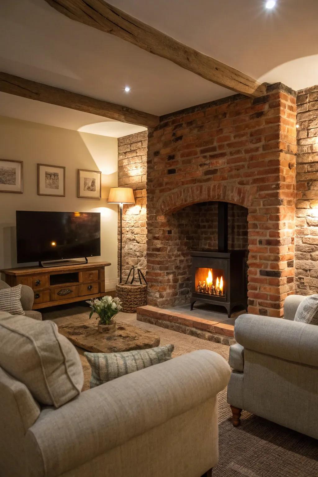 Embrace the timeless charm of exposed brick for your fireplace wall.