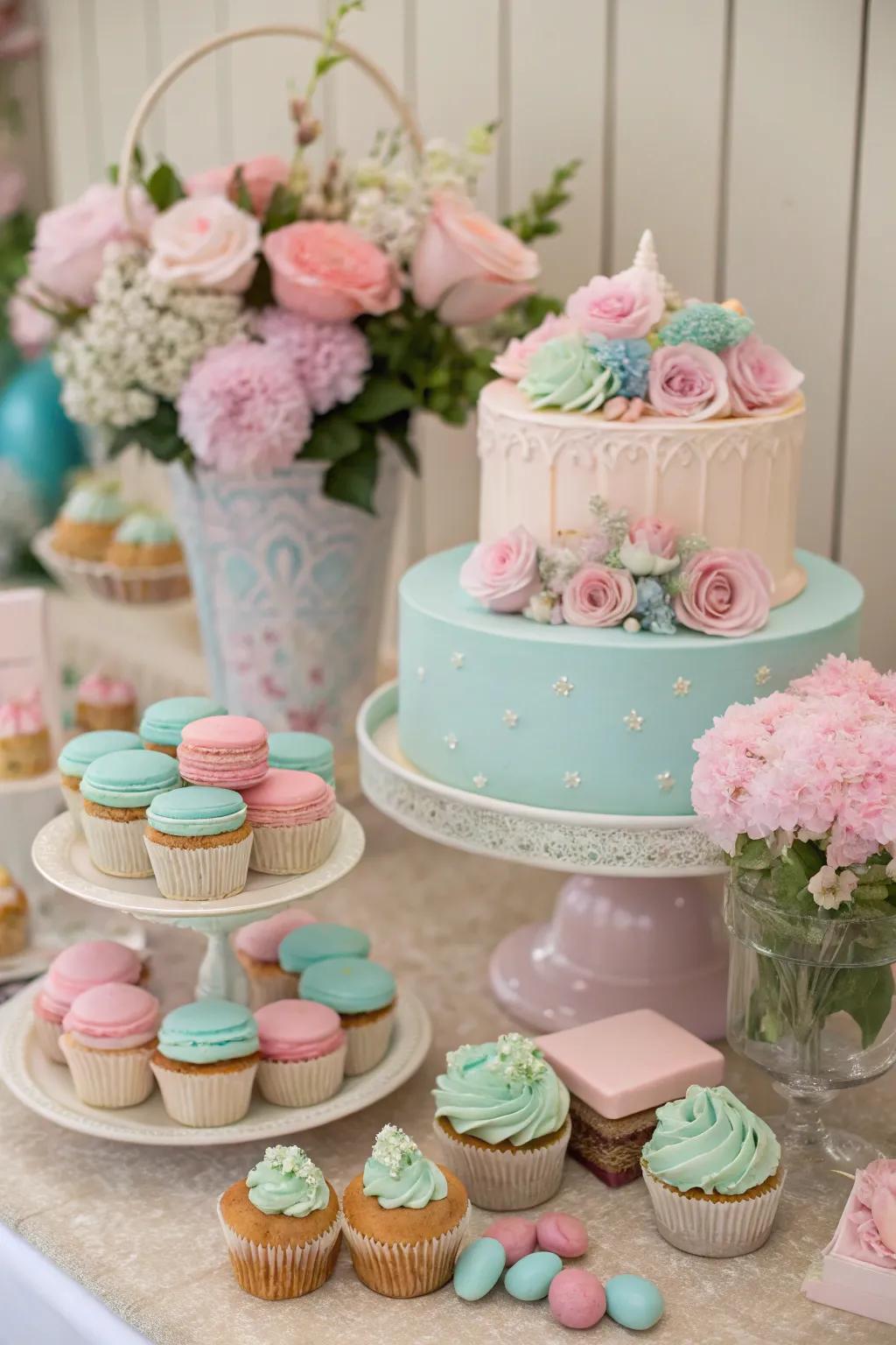 A pastel-themed sweet table radiating elegance and charm.