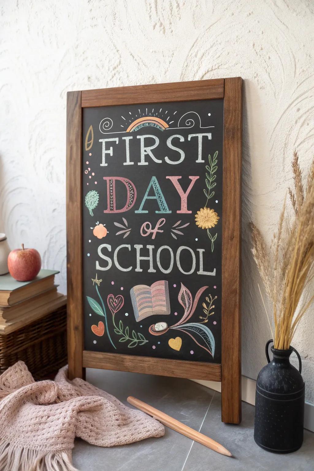 Capture the timeless allure of the first day of school with a classic chalkboard design that blends simplicity and beauty.