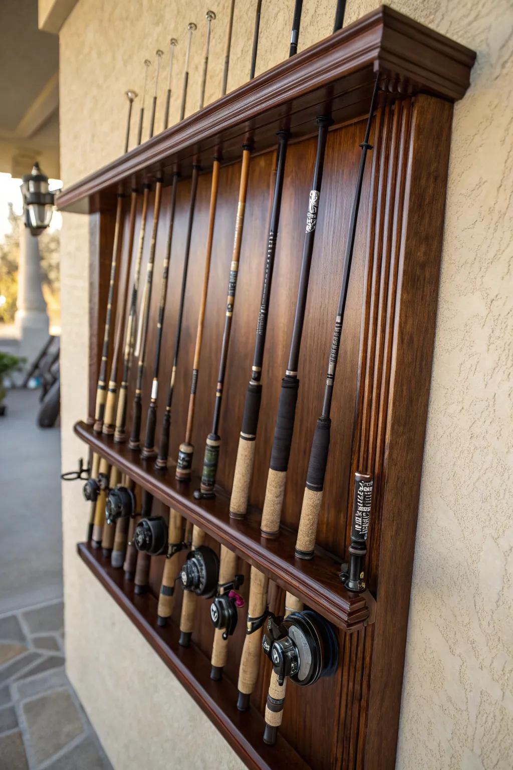 Elevate your space with a wall-mounted fishing rod rack that's both functional and stylish.